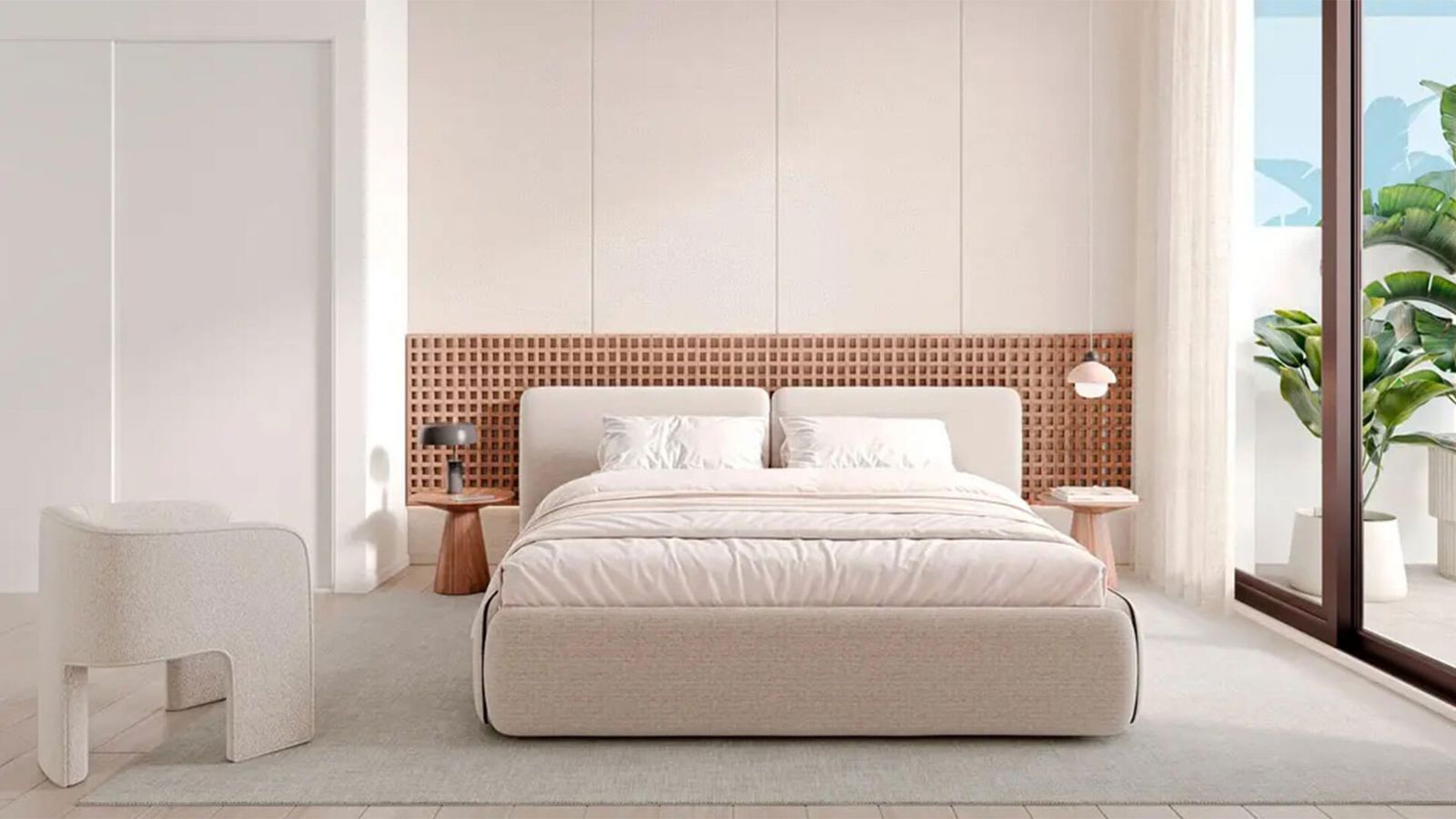 Beige slaapkamer in moderne, minimalistische stijl met houten accenten en planten.