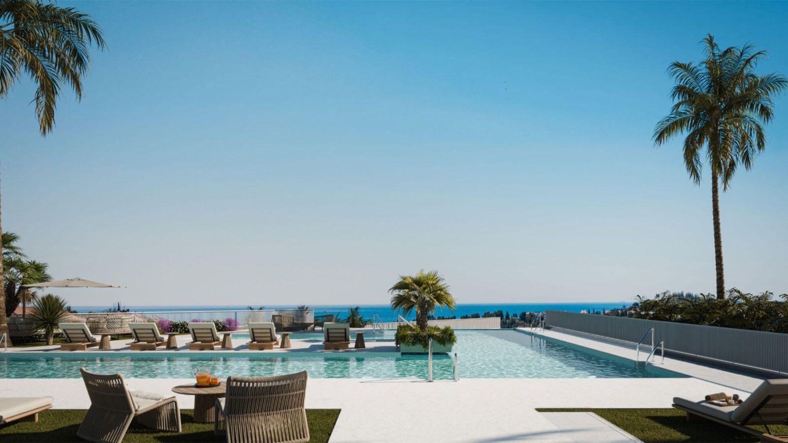 Luxe zwembad met uitzicht op de oceaan en palmbomen
